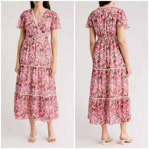 💕ANNE KLEIN💕 Floral Flutter Sleeve Tiered Maxi Dress ~ Carmine Rose 12 NWT